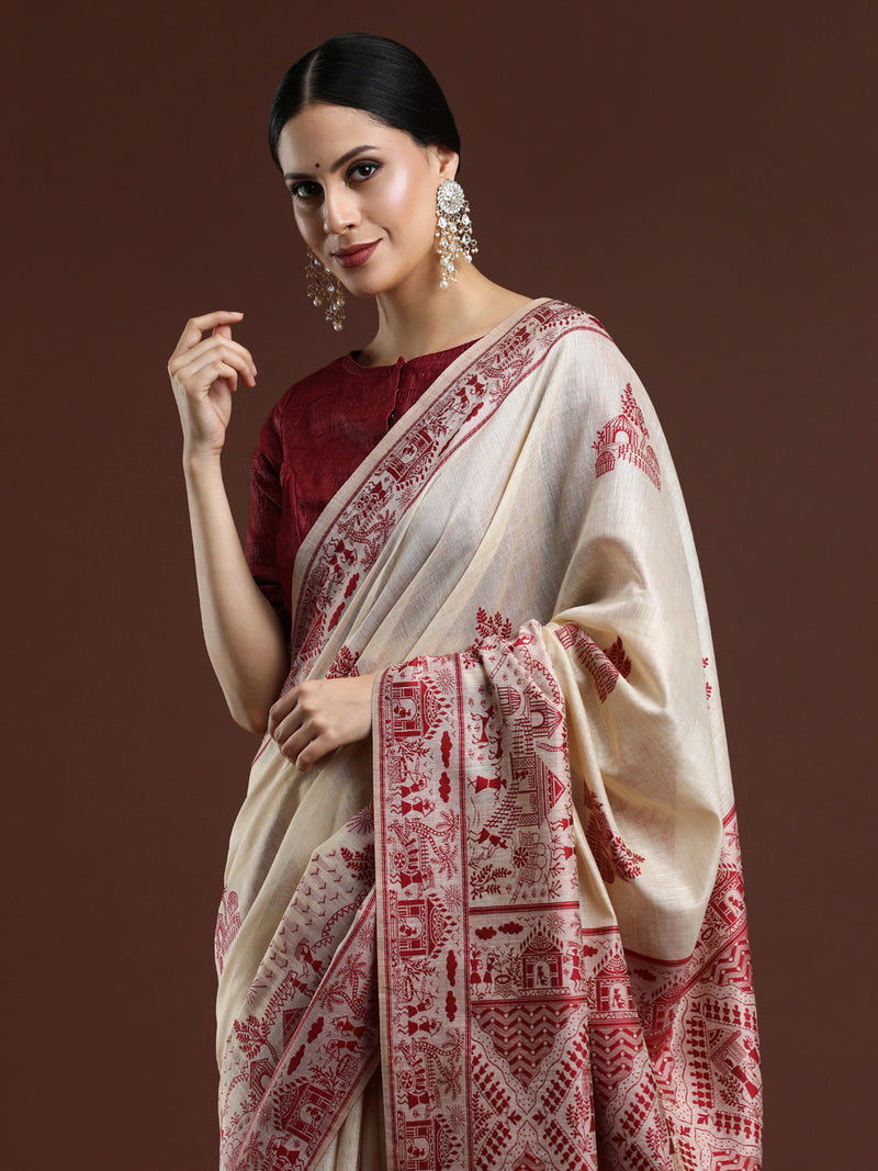 Woven Design Chanderi Cotton Saree with Red Motifs
