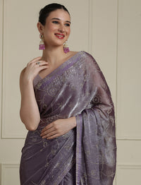 Embellished Saree With Unstitched Blouse in Purple