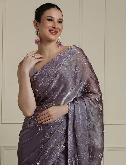 Embellished Saree With Unstitched Blouse in Purple