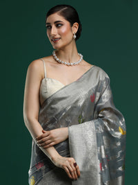 Woven Design Floral Chanderi Cotton Saree in Grey