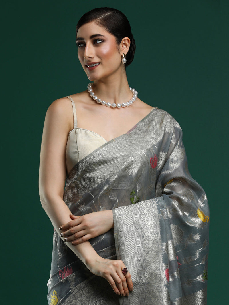 Woven Design Floral Chanderi Cotton Saree in Grey