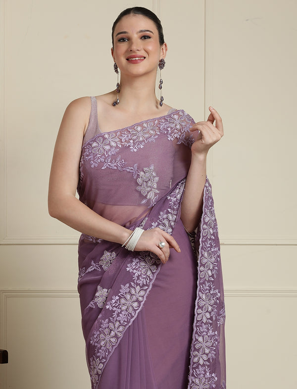 Embroidered Sarees With Unstitched Blouse in Purple