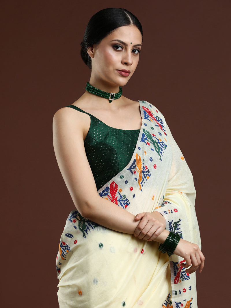 Woven Design Ethnic Motif Muga Cotton Saree in Cream