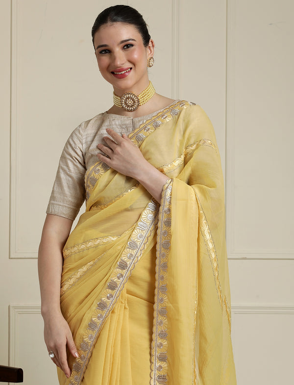 Zari Saree With Blouse in Yellow
