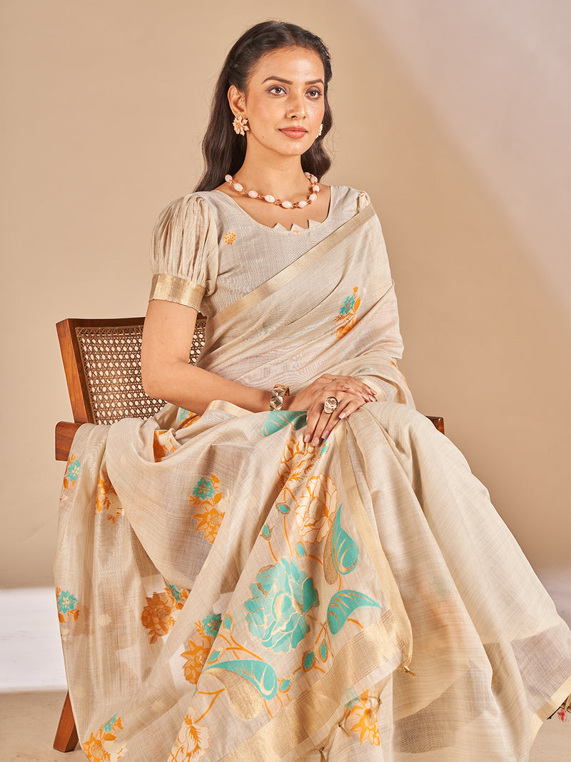 Leela Cotton In Beige With Orange Motifs