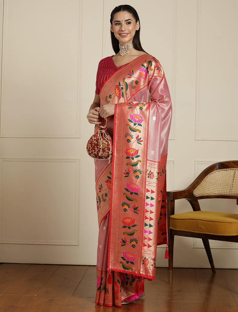 Floral Woven Design Zari Paithani Saree in Pink and Orange