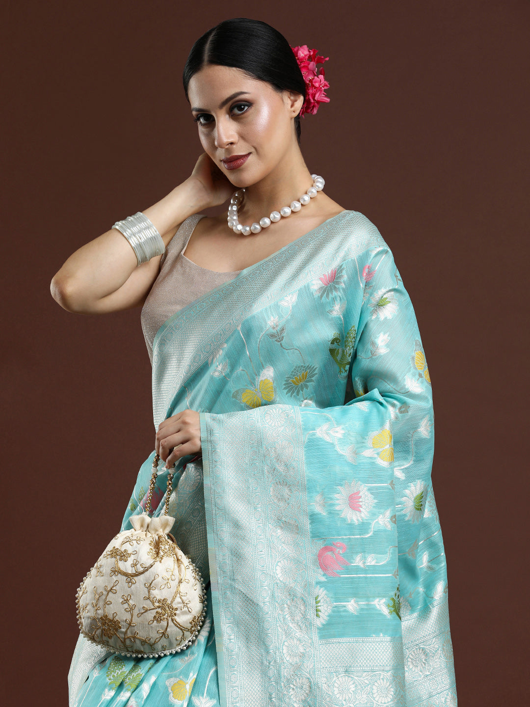 Woven Design Floral Chanderi Cotton Saree in Blue