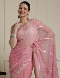 Solid Embroidered Zari Saree in Pink