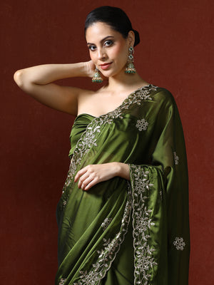 Ethnic Motifs Embroidered Sequinned Saree in green