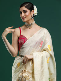 Woven Design Floral Chanderi Cotton Saree Cream