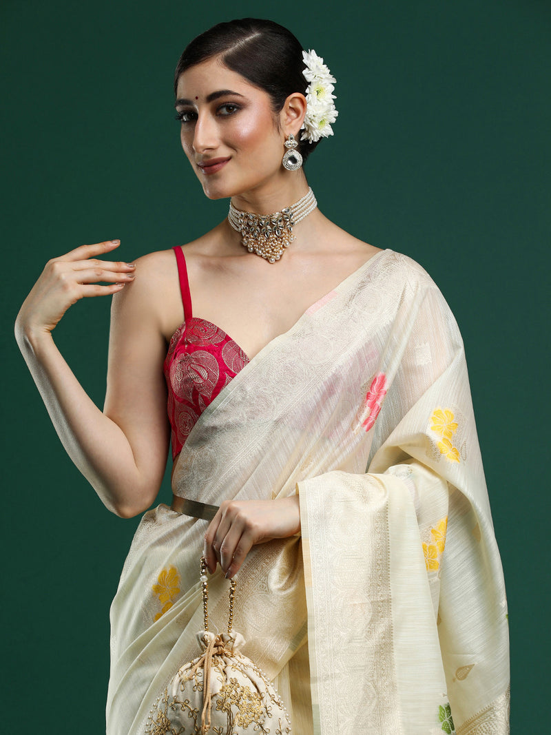 Woven Design Floral Chanderi Cotton Saree Cream