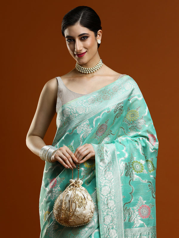 Sarha Ethnic Motifs Woven Design Zari Chanderi Saree in Sea Green