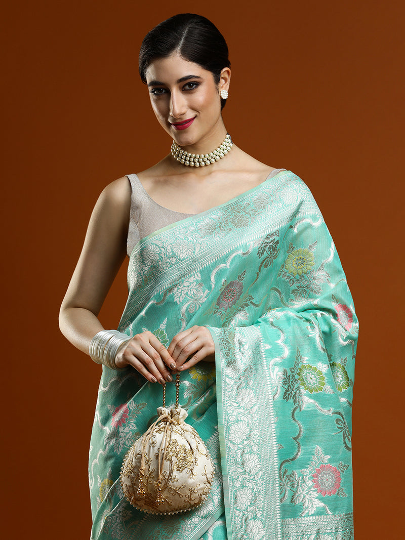 Sarha Ethnic Motifs Woven Design Zari Chanderi Saree in Sea Green