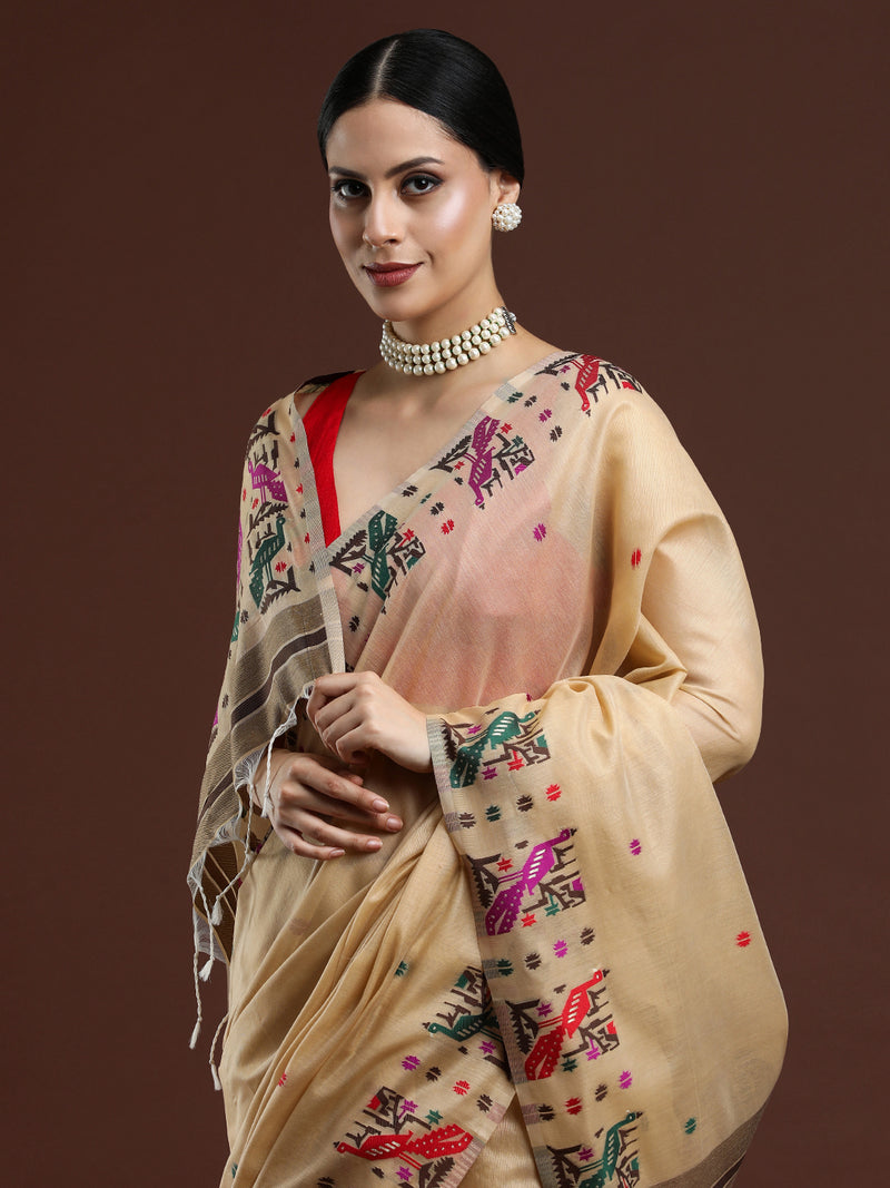 Woven Design Ethnic Motif Muga Cotton Saree in Beige