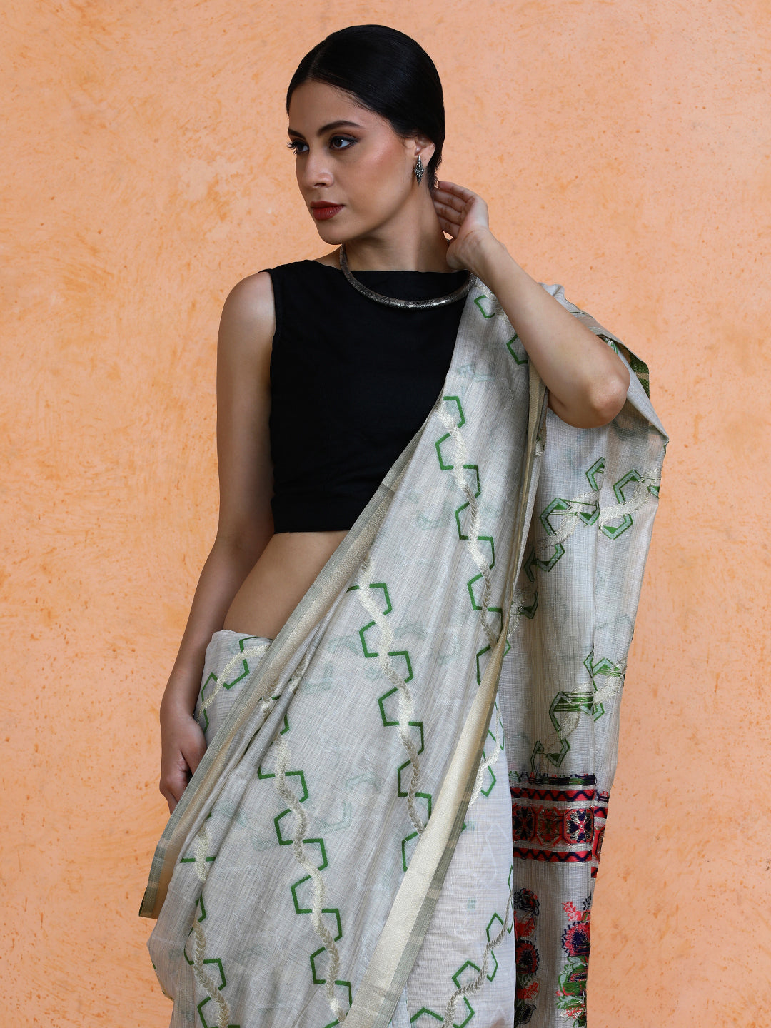 Devina Cotton in Beige with Green Motifs