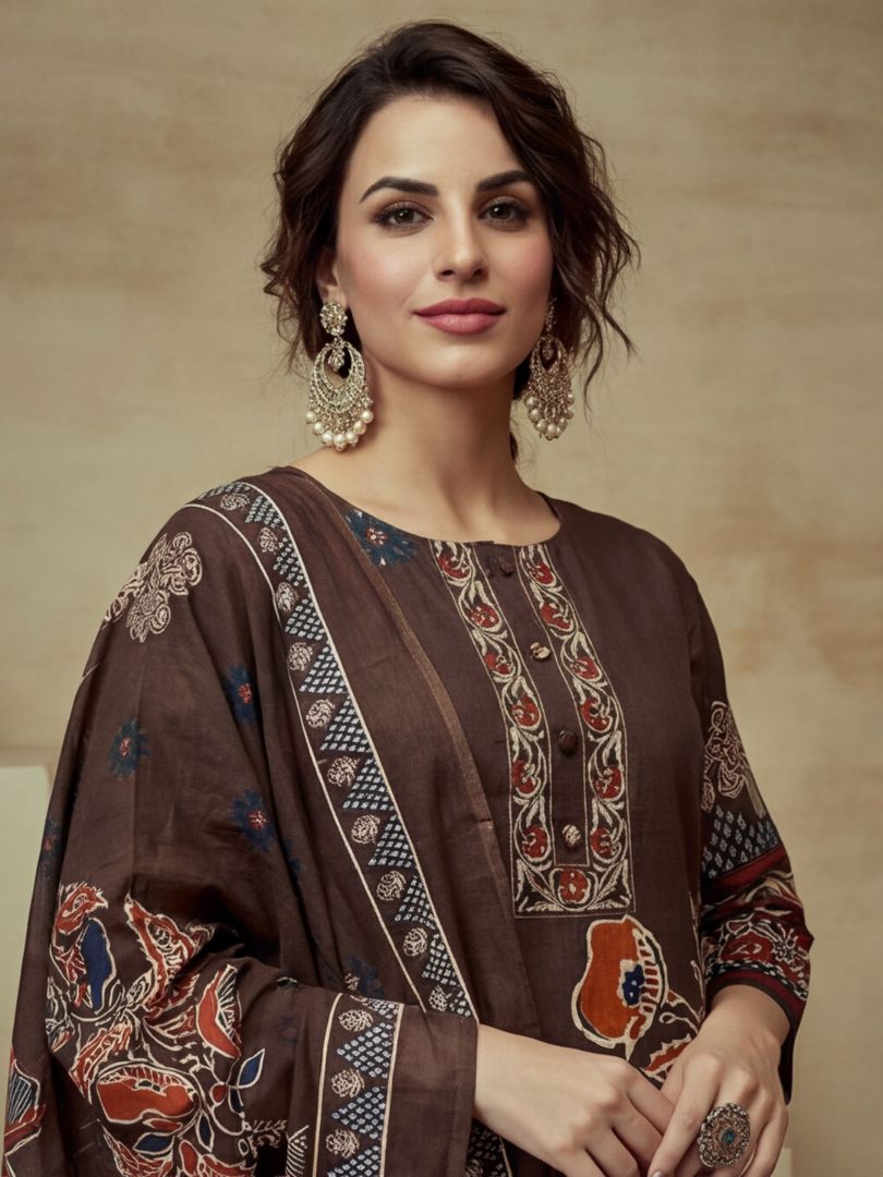 Printed Cotton Blend Round Neck Kurta & Trousers With Dupatta