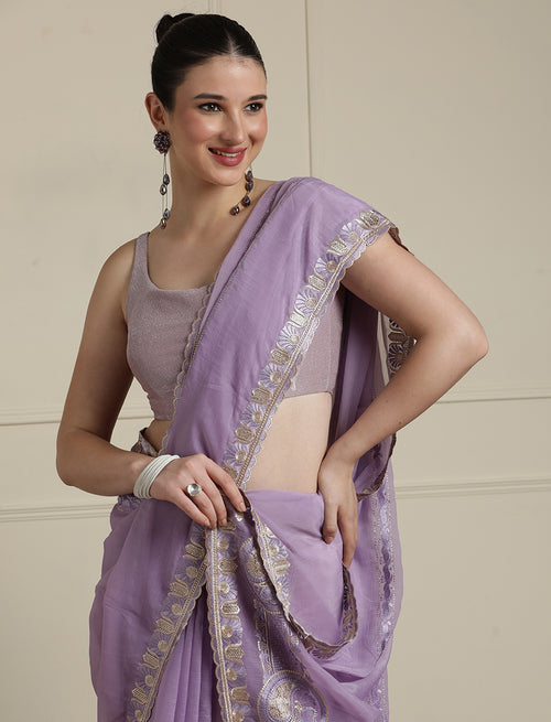 Embroidered Saree With Blouse Piece in Purple