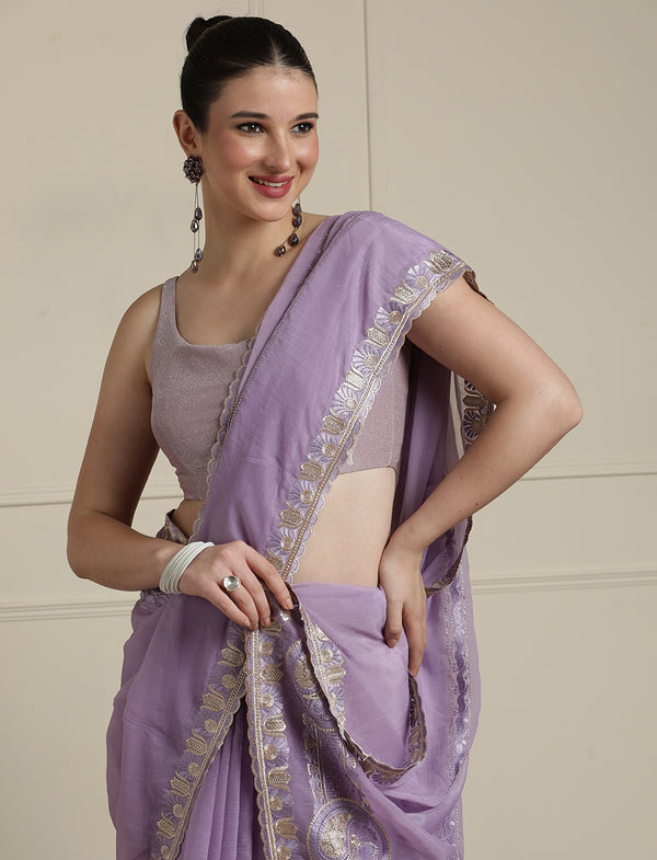 Embroidered Saree With Blouse Piece in Purple
