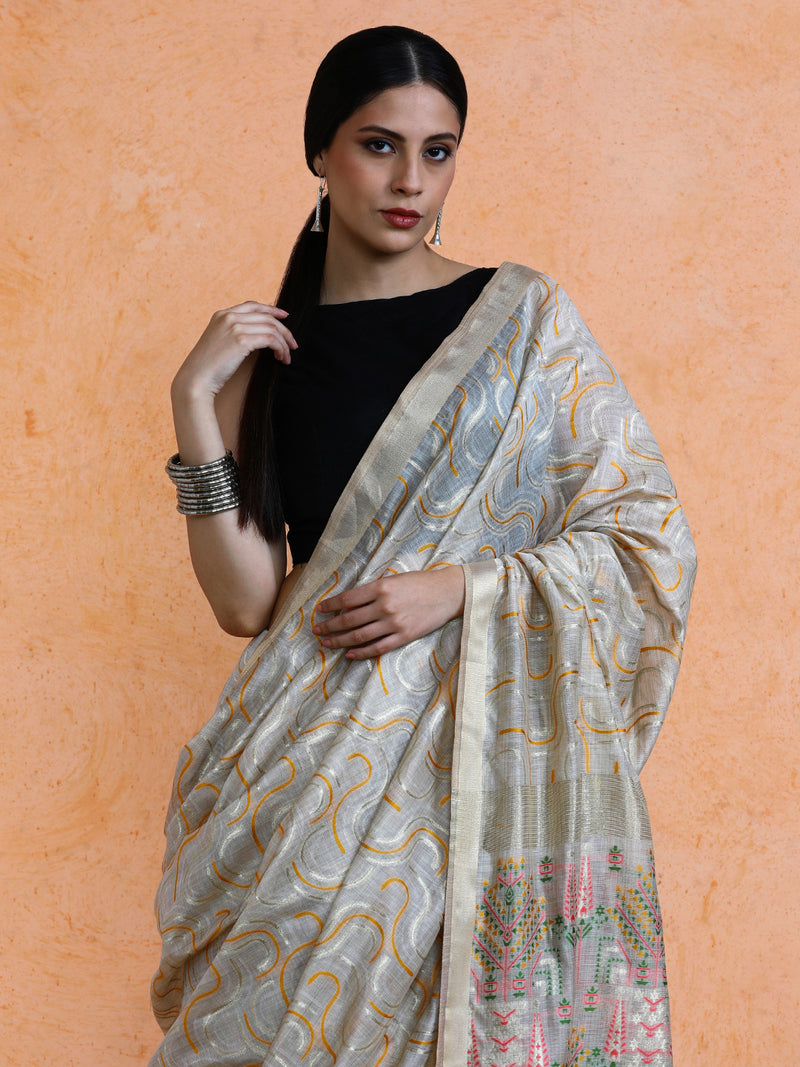 Zaika Cotton in Beige with Yellow Motifs