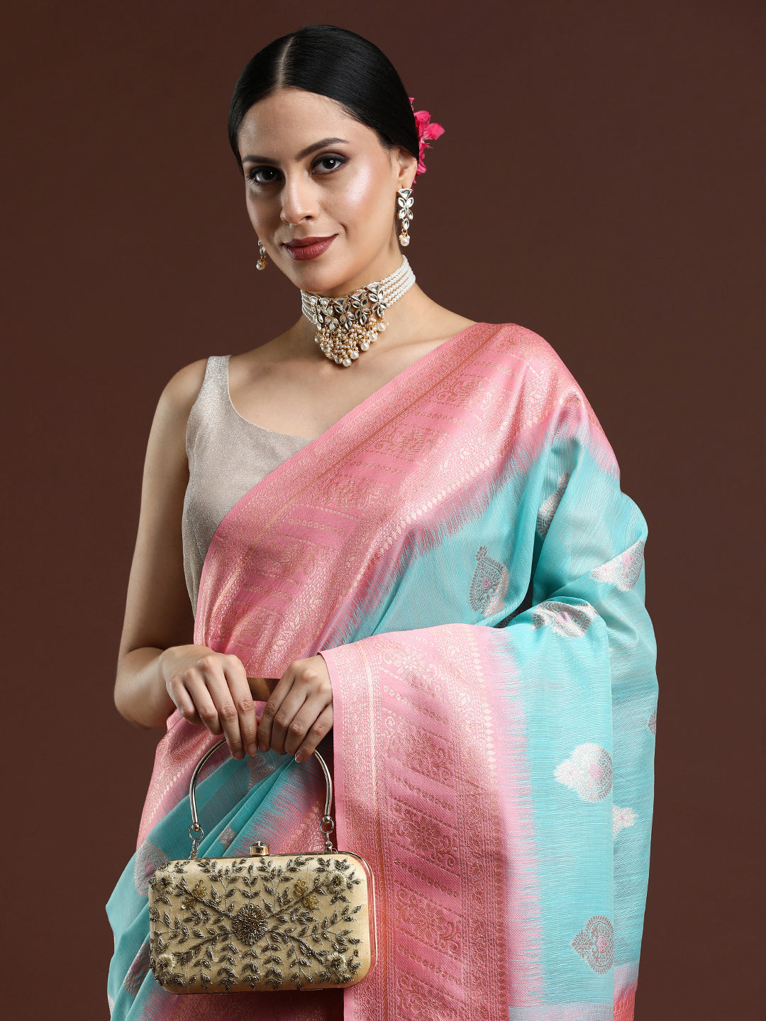Woven Design Chanderi Cotton Saree in Light Blue