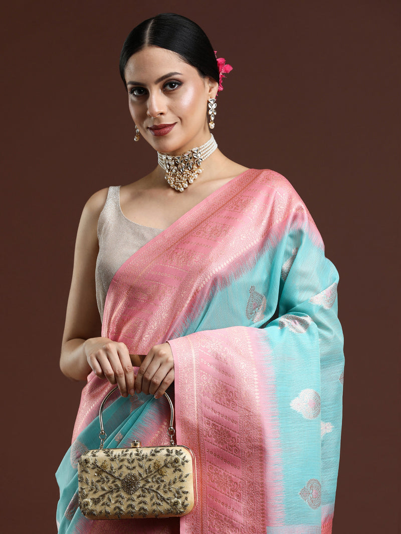 Woven Design Chanderi Cotton Saree in Light Blue