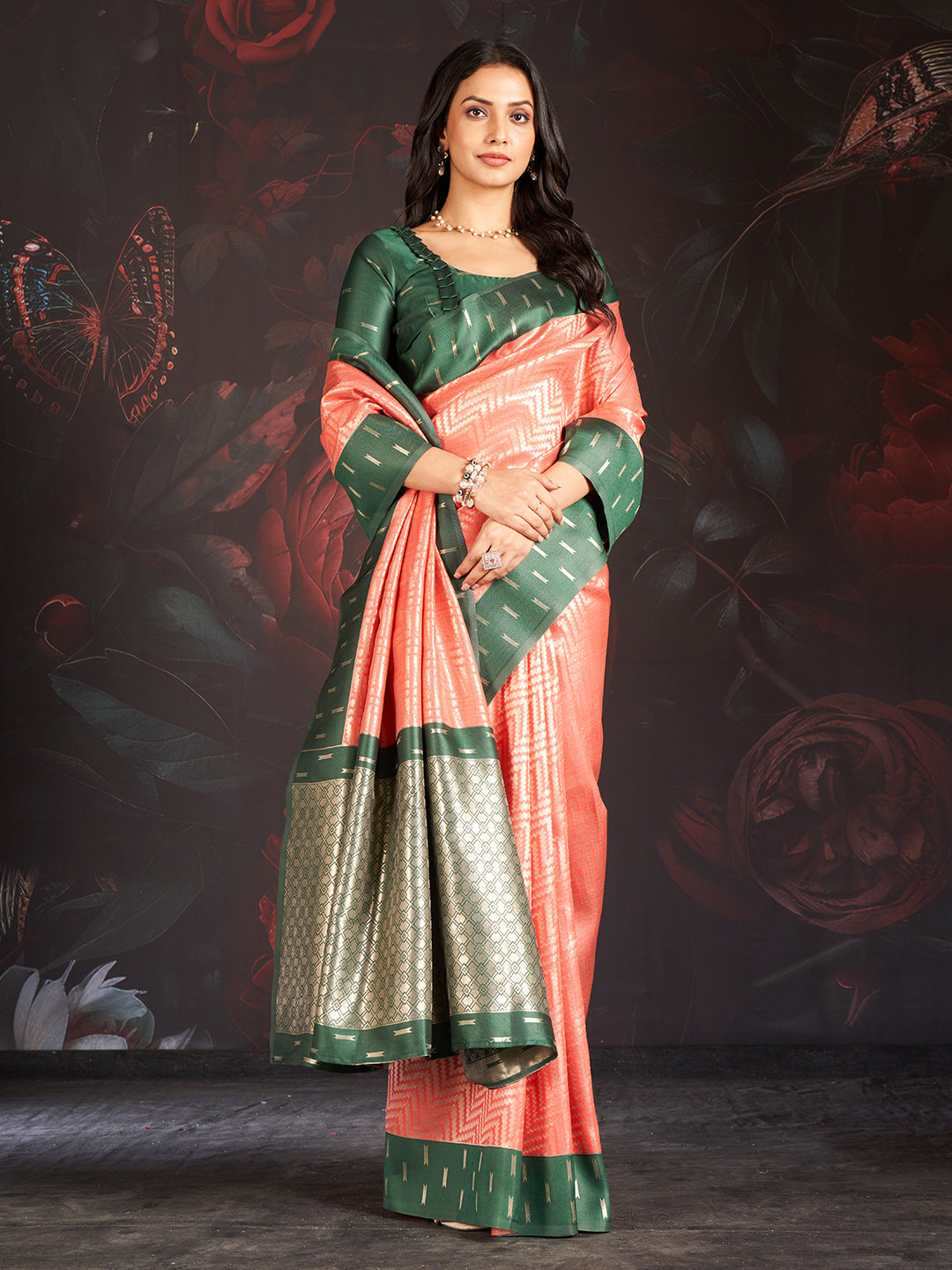 Vastra Silk In Forest Green And Pink