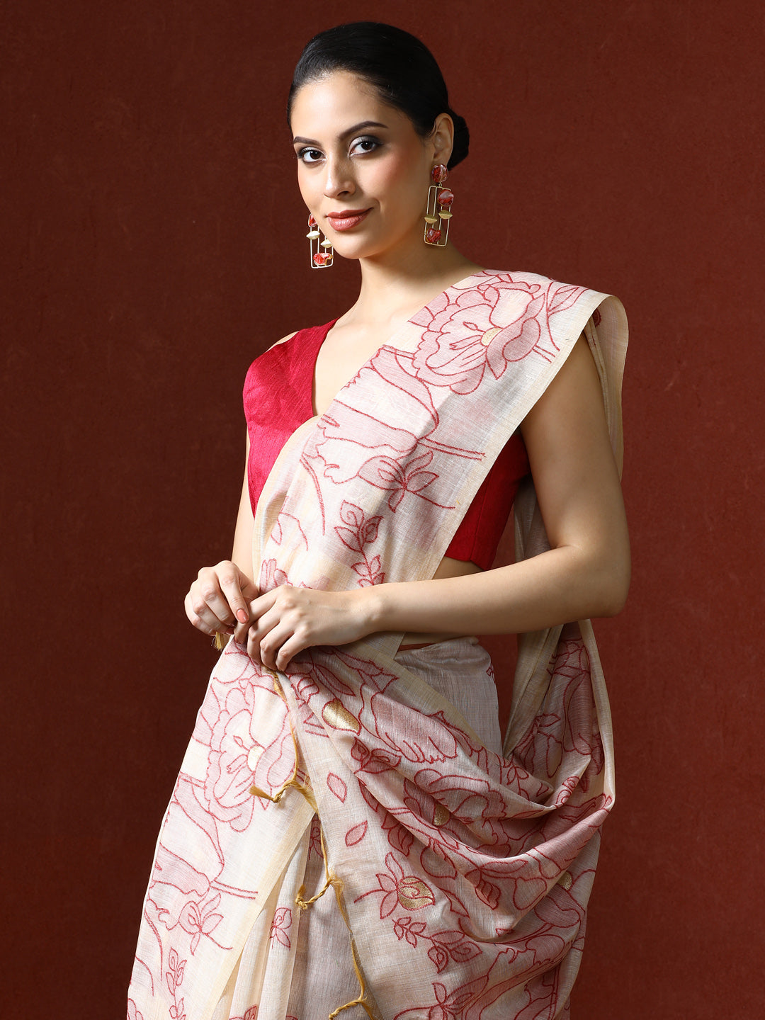 Floral Printed Zari Chanderi Saree in red