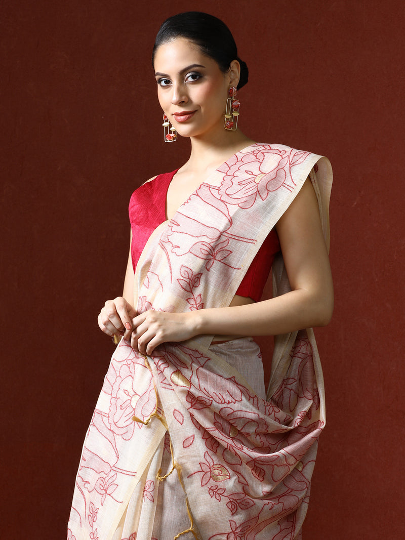 Floral Printed Zari Chanderi Saree in red