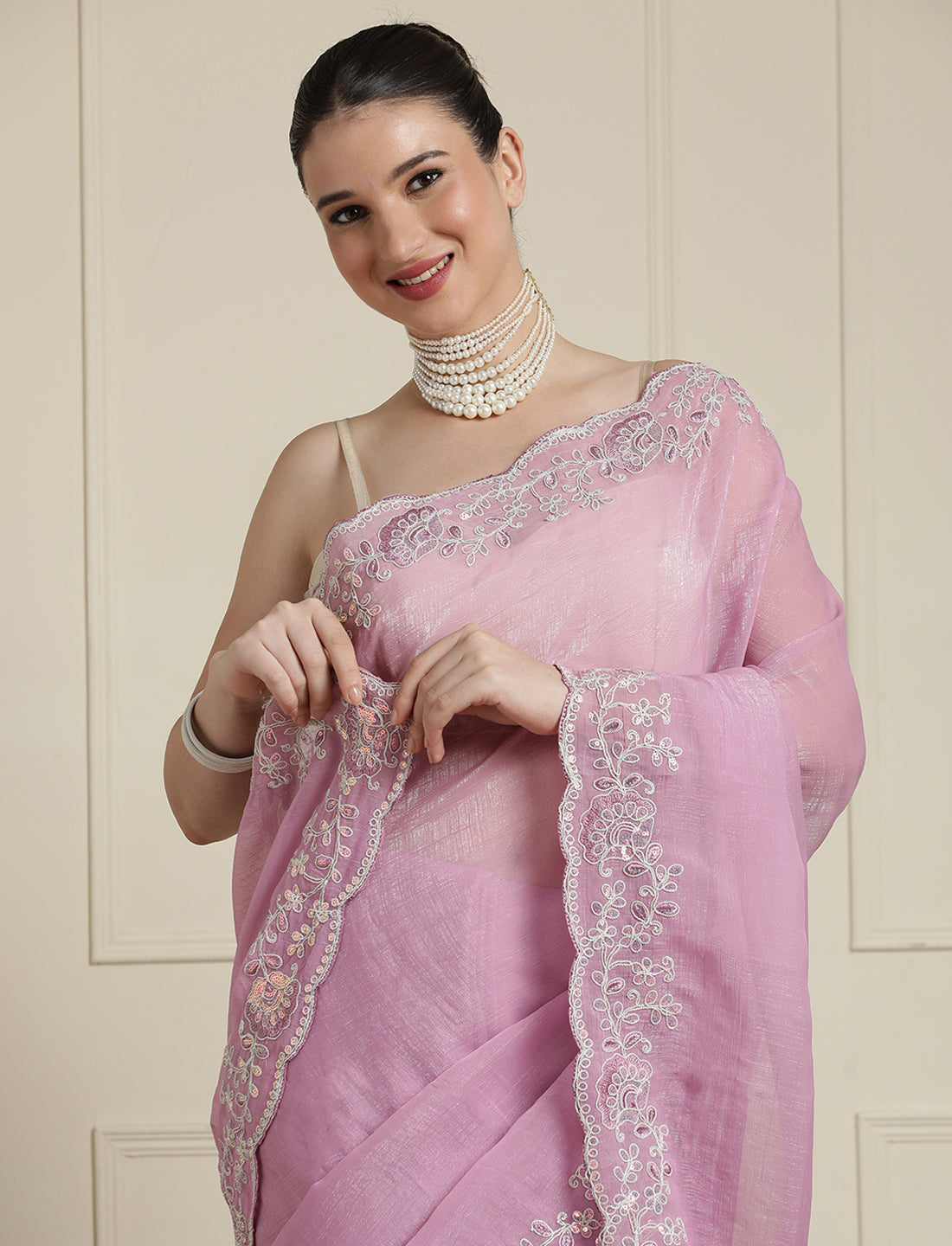Sequinned Saree With Blouse in Pink