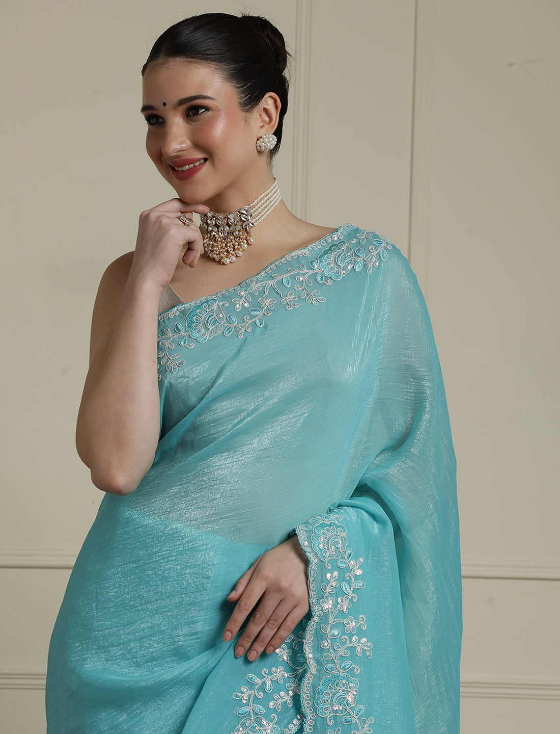 Solid Embellished Beads and Stones Saree in Blue