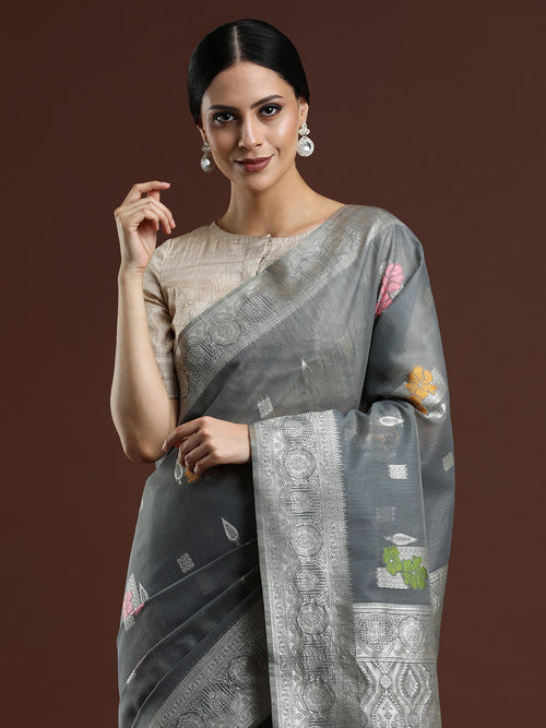 Woven Design Floral Chanderi Cotton Saree in Grey