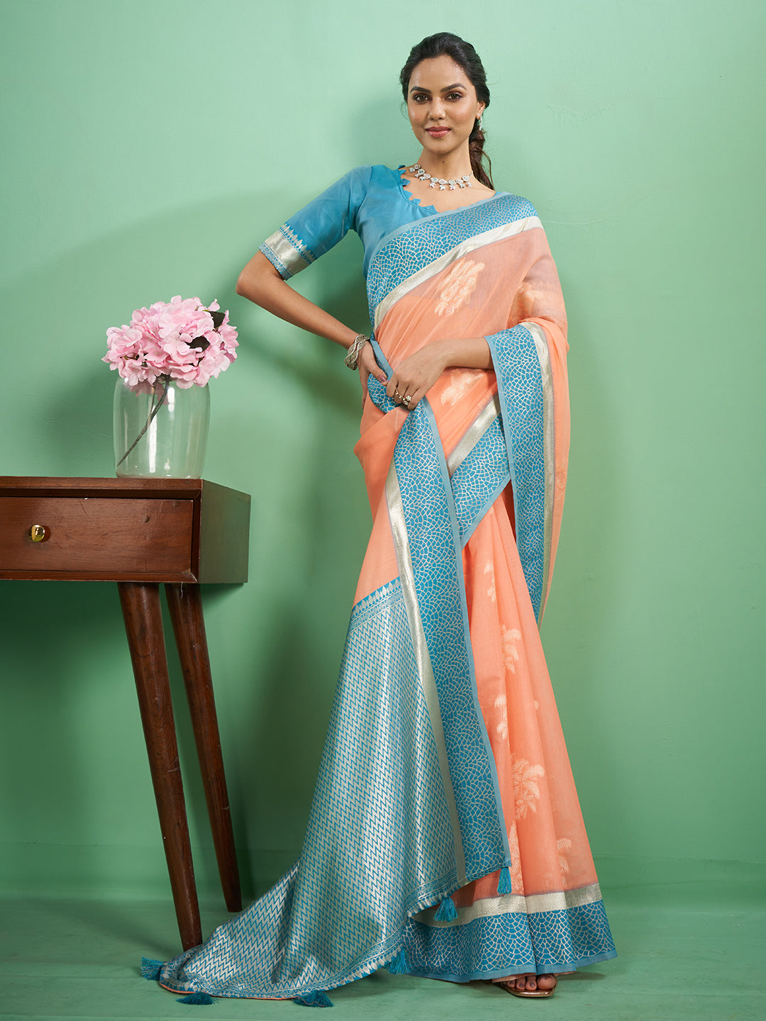 Rohini Cotton In Peach & Sky Blue