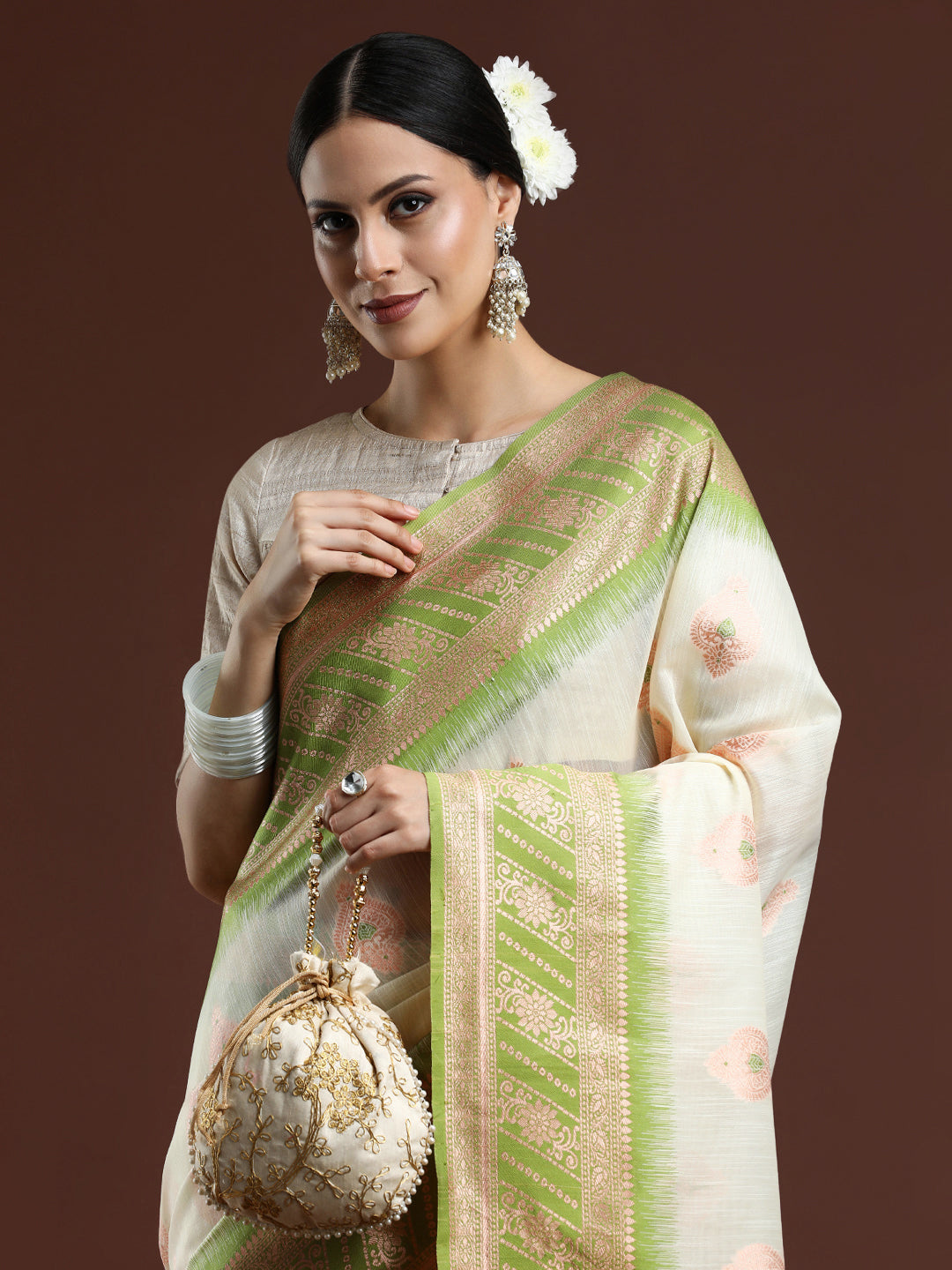 Woven Design Chanderi Cotton Saree in Cream