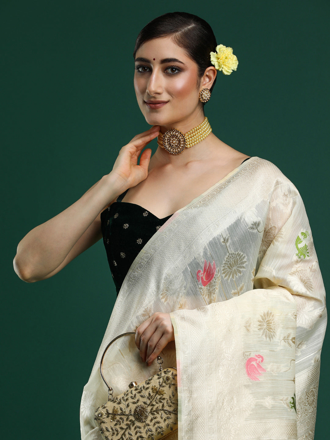Woven Design Floral Chanderi Cotton Saree in Cream