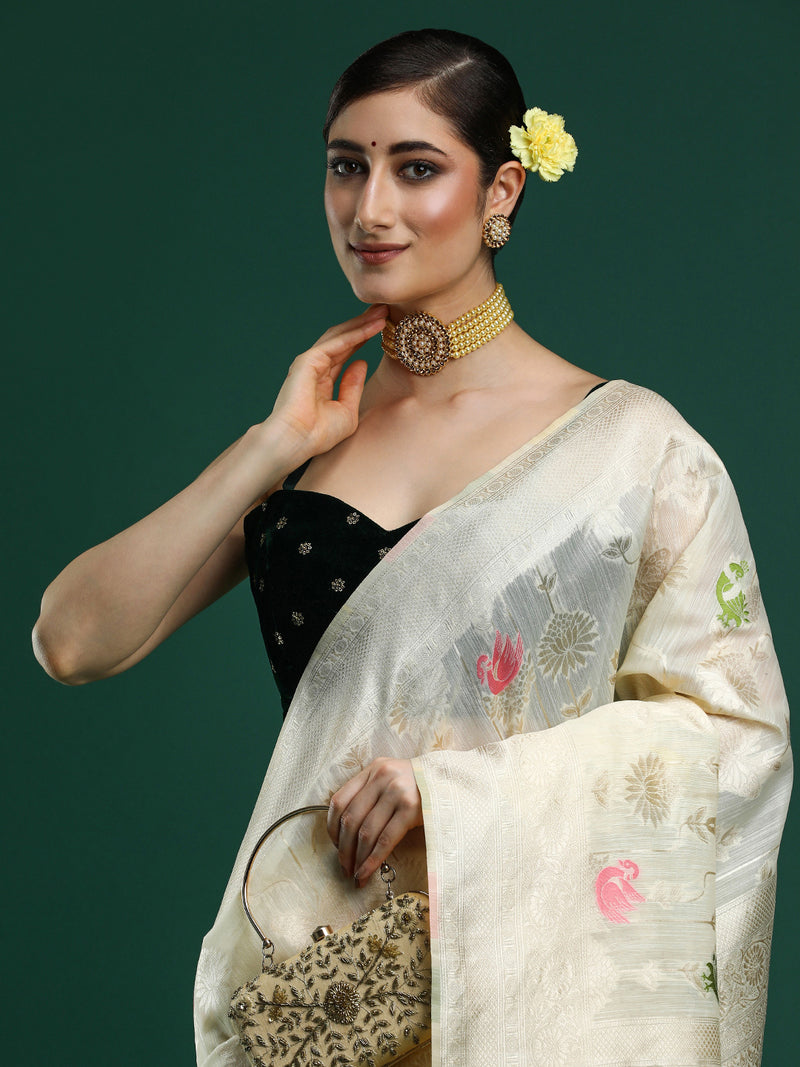 Woven Design Floral Chanderi Cotton Saree in Cream