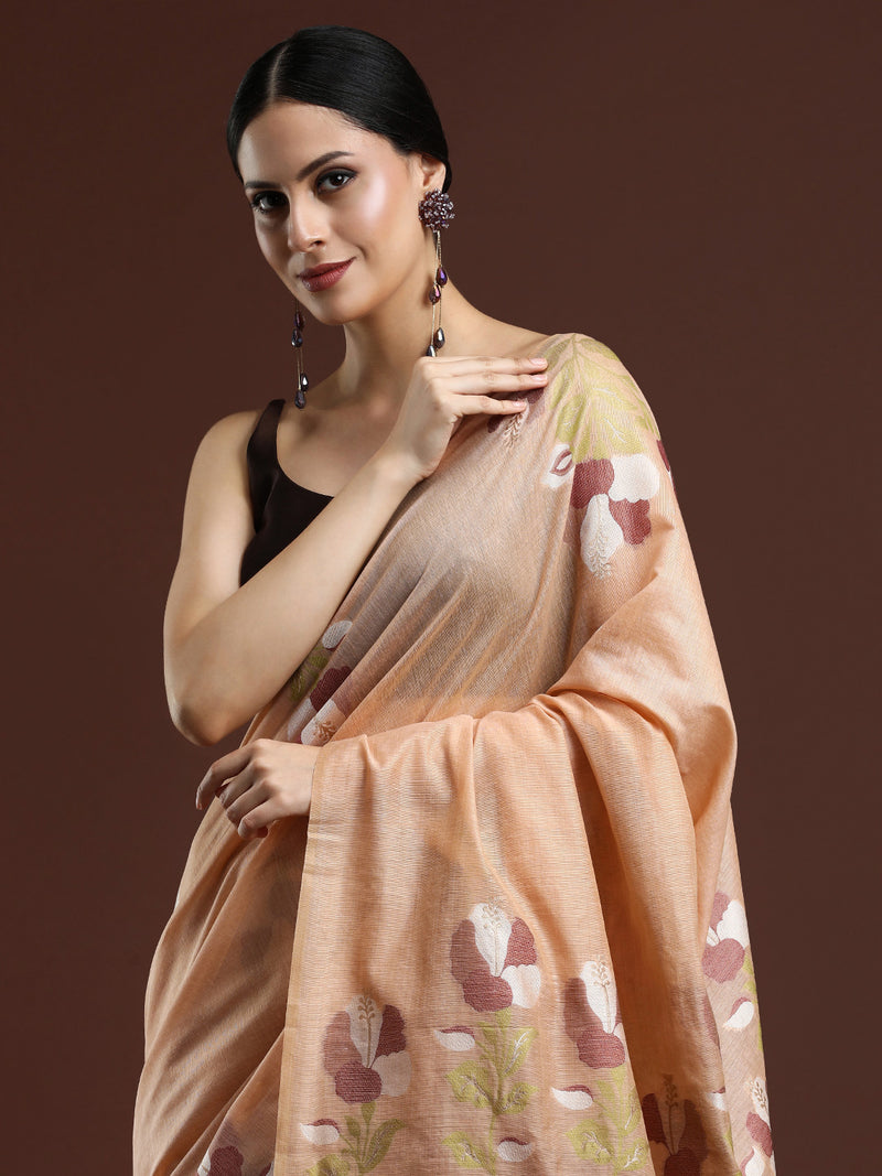 Woven Design Floral Muga Cotton Saree in Orange
