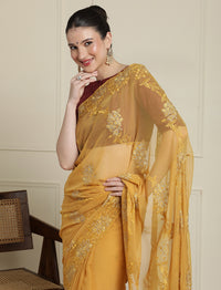 Floral Embroidered Sarees With Unstitched Blouse in Yellow
