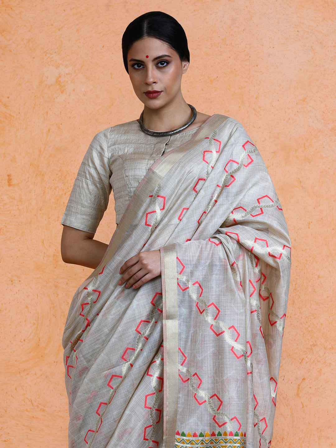 Devina Cotton in Beige with Coral Pink Motifs