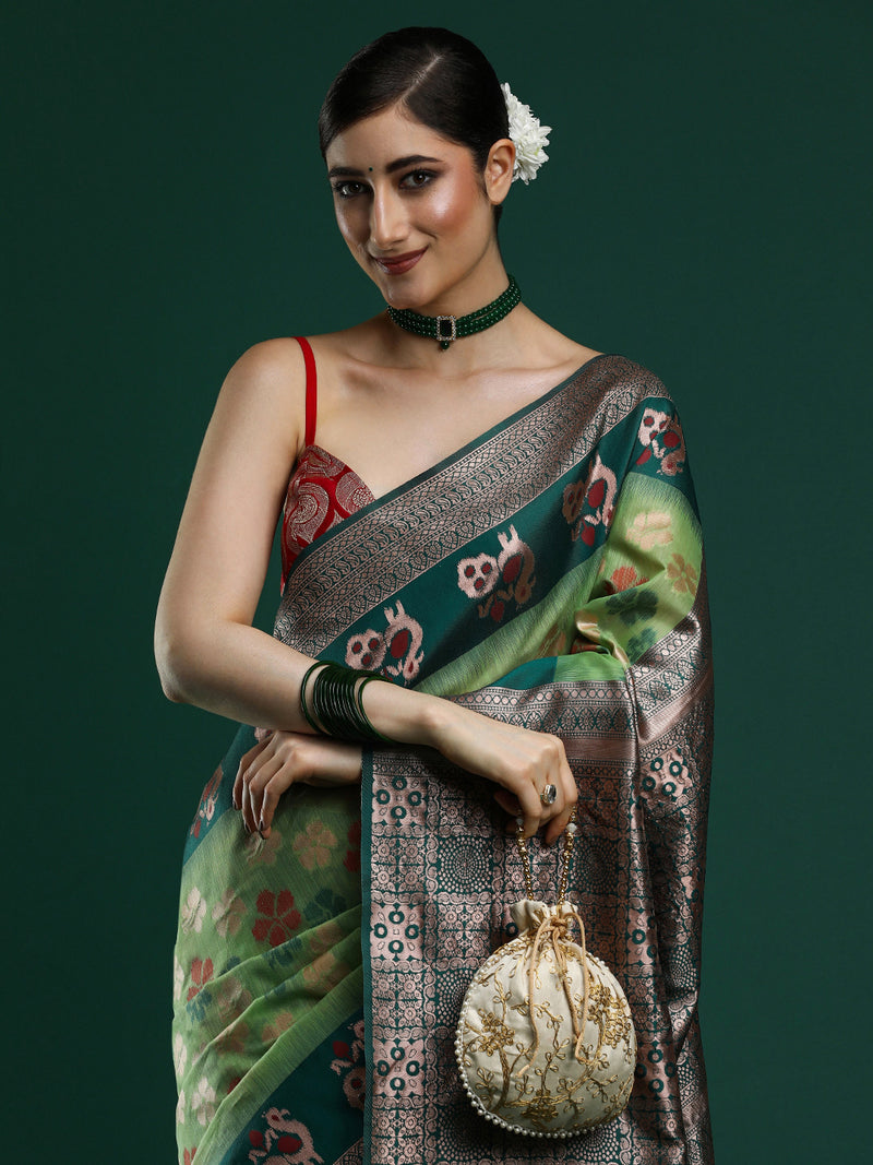 Woven Design Chanderi Cotton Saree in Green
