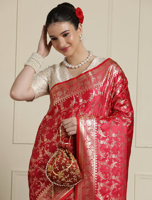 Woven Design Zari Banarasi Saree with Blouse in Red