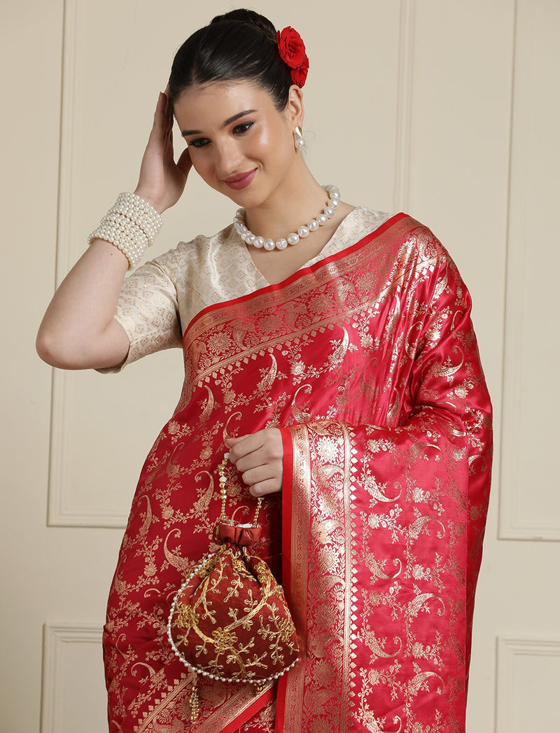 Woven Design Zari Banarasi Saree with Blouse in Red