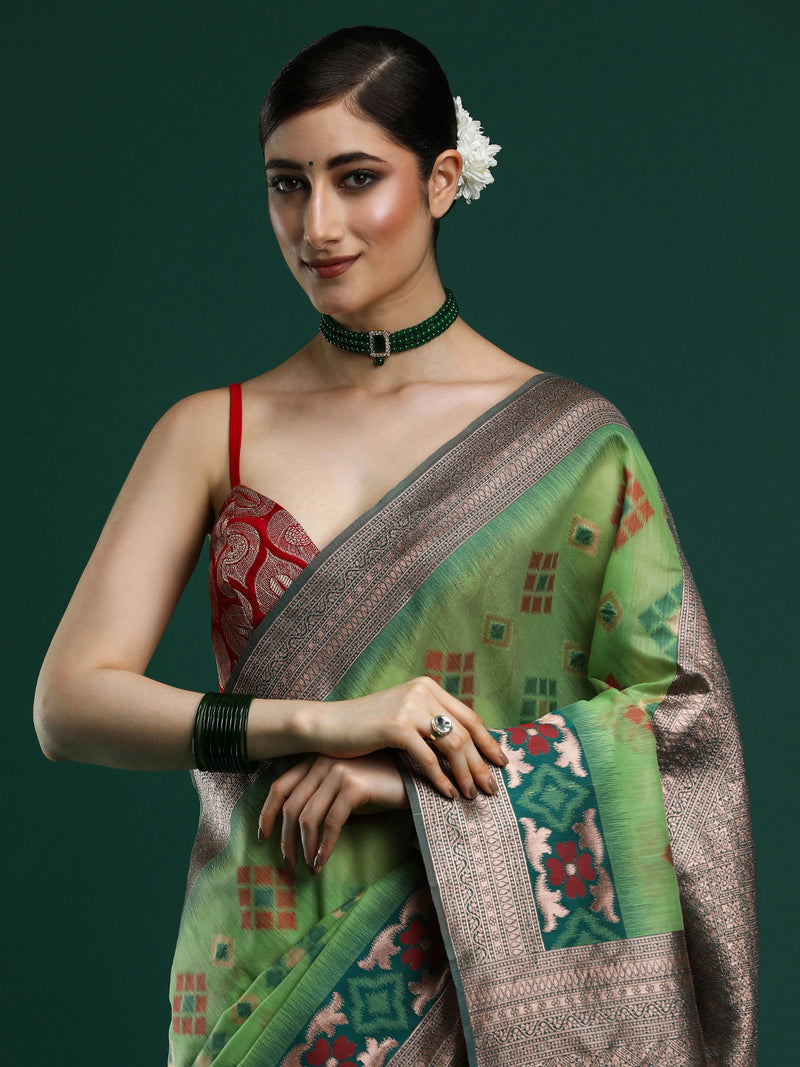 Woven Design Chanderi Cotton Saree in Green
