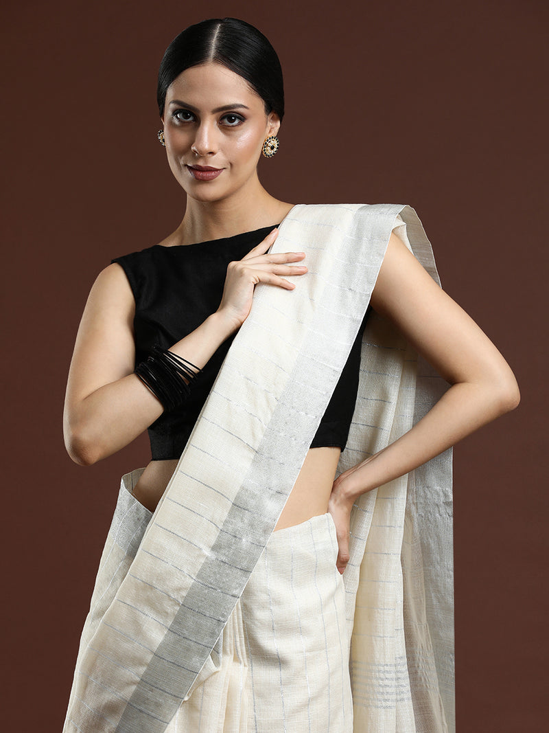 Woven Design Striped Bhagalpuri Saree in Cream