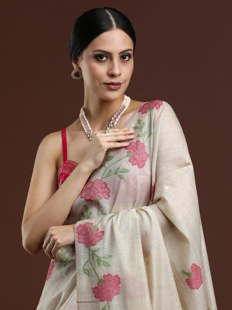 Woven Design Floral Muga Cotton Saree with Pink Motifs