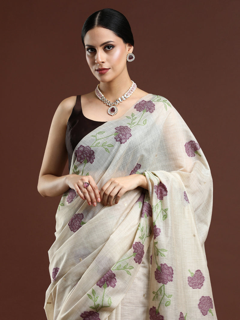 Woven Design Floral Muga Cotton Saree with Purple Motifs