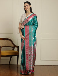 Ethnic Motifs Zari Woven Design Banarasi Saree With Blouse Piece in Sea Green