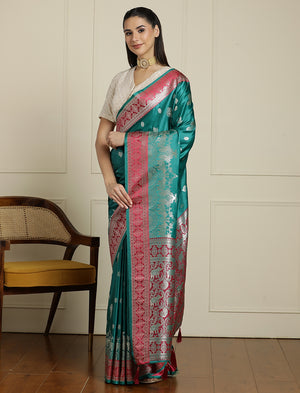 Ethnic Motifs Zari Woven Design Banarasi Saree With Blouse Piece in Sea Green