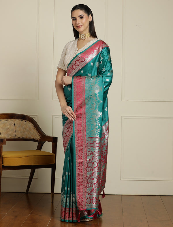 Ethnic Motifs Zari Woven Design Banarasi Saree With Blouse Piece in Sea Green