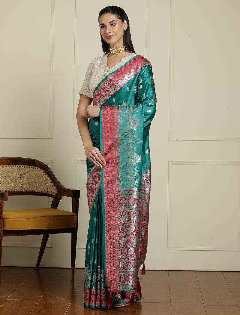 Ethnic Motifs Zari Woven Design Banarasi Saree With Blouse Piece in Sea Green