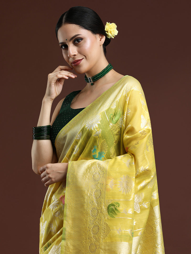 Woven Design Floral Chanderi Cotton Saree in Yellow